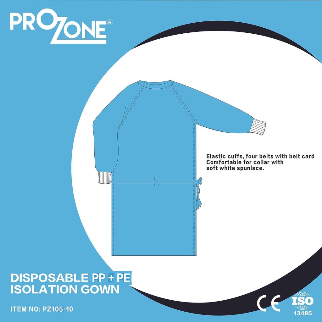 Prozone 一次性PP+PE無紡布隔離衣 - (L)(10件/包)(型號︰PZ105-10L-BL)