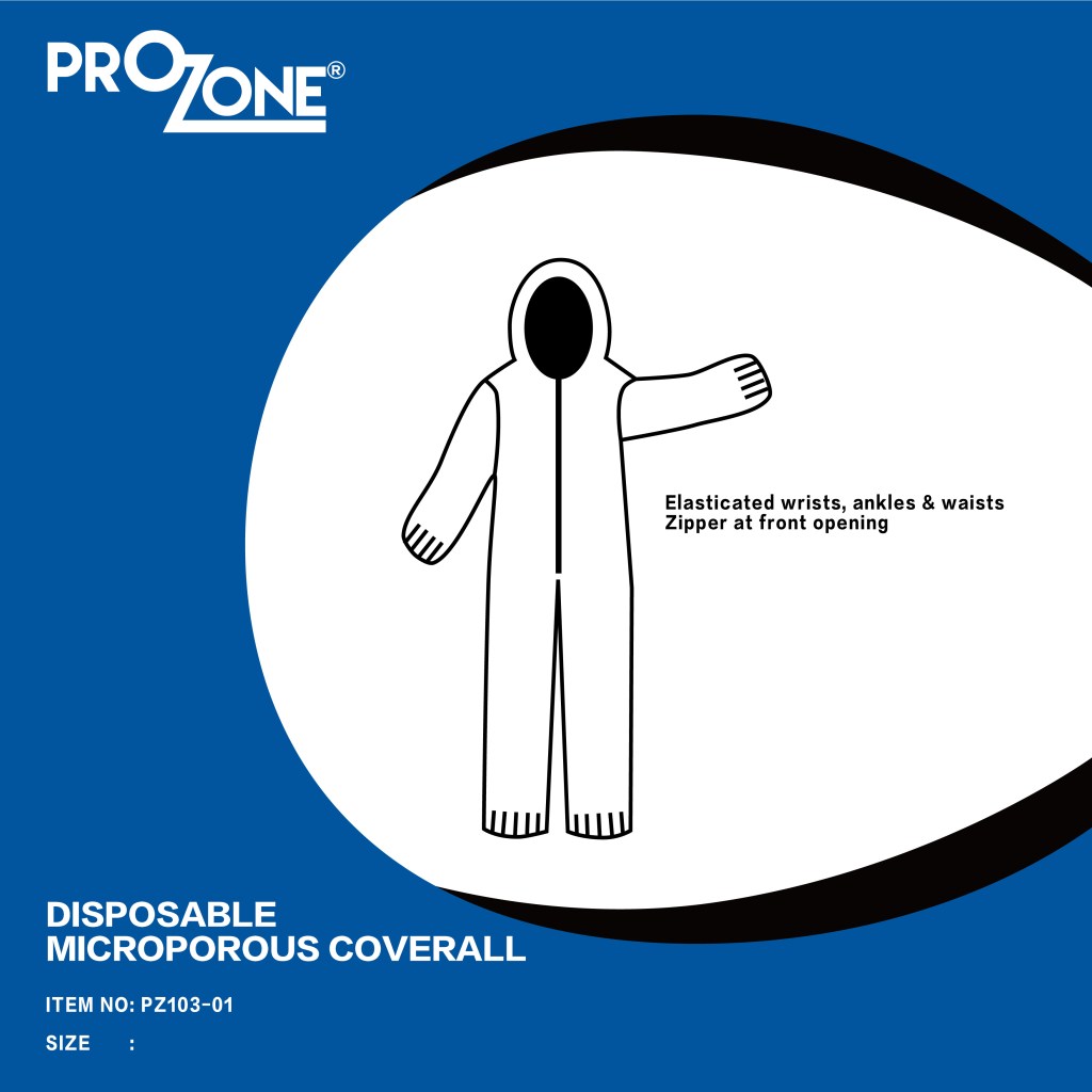 Prozone 一次性透氣膜連身防護衣 (S,M,L,XL,XXL,XXXL)(型號：PZ103-01)